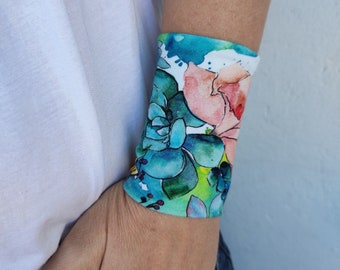 Flower Floral Garden Long Wrist Cuff Bracelet, Black Jersey Wrist Tattoo cover up Bracelets, Women's Accessories, Adult Fabric Teens Bracer