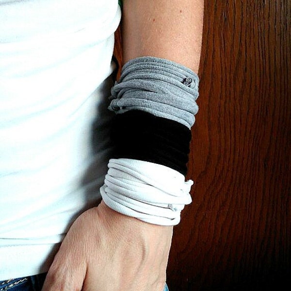 Ancient Gods Collection, Recycled T-shirt, Grey Wrist Cuff, Wrap Bracelet, Grey Cuff, Black Bracelet, Cotton Bracelet, Tattoo Cover Up