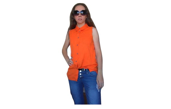 Orange Blouse Woman, Bright Orange Blouse, Sleevel