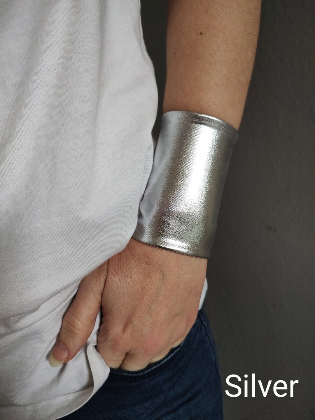 Silver Wide Wrist Cuff Bracelet, Silver Jersey Wrist Tattoo Cover up ...