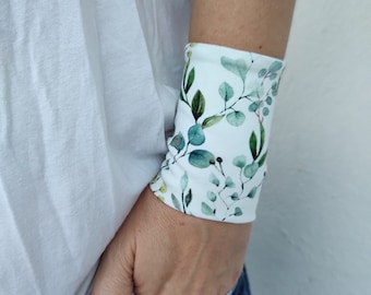 Flower Eucalyptus Floral Wide Wrist Cuff Bracelet, Jersey Wrist Tattoo cover up Bracelets, Women's Accessories, Adult Fabric Teens Bracer