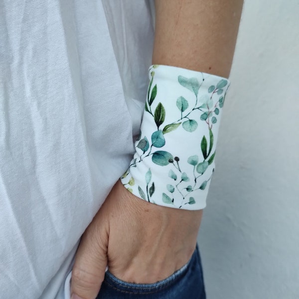 Blumen Eukalyptus Floral breites Handgelenk Manschette Armband, Jersey Handgelenk Tattoo vertuschen Armbänder, Damen Accessoires, Erwachsene Stoff Teenager Armschiene