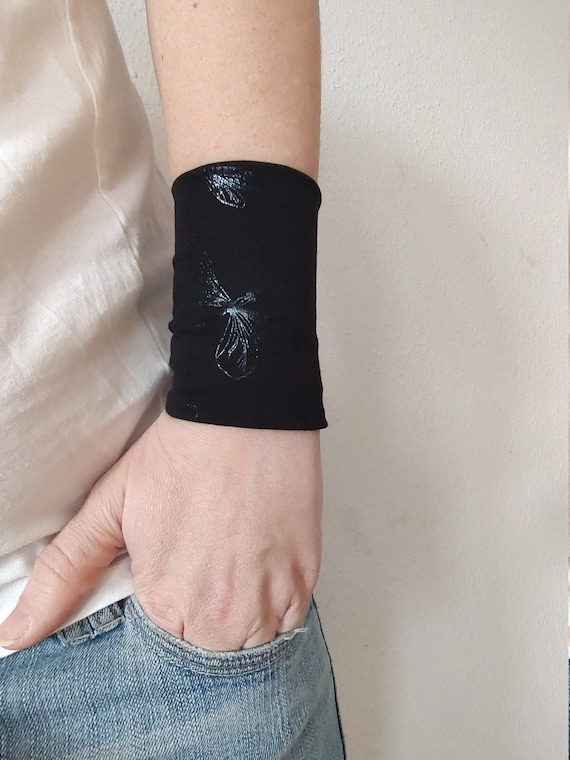 Dragonfly Wide Wrist Cuff Bracelet, Black Jersey Wrist Tattoo cover up Bracelets, Women's Accessories, Adult Fabric Wrist Cuff Teens Wrist