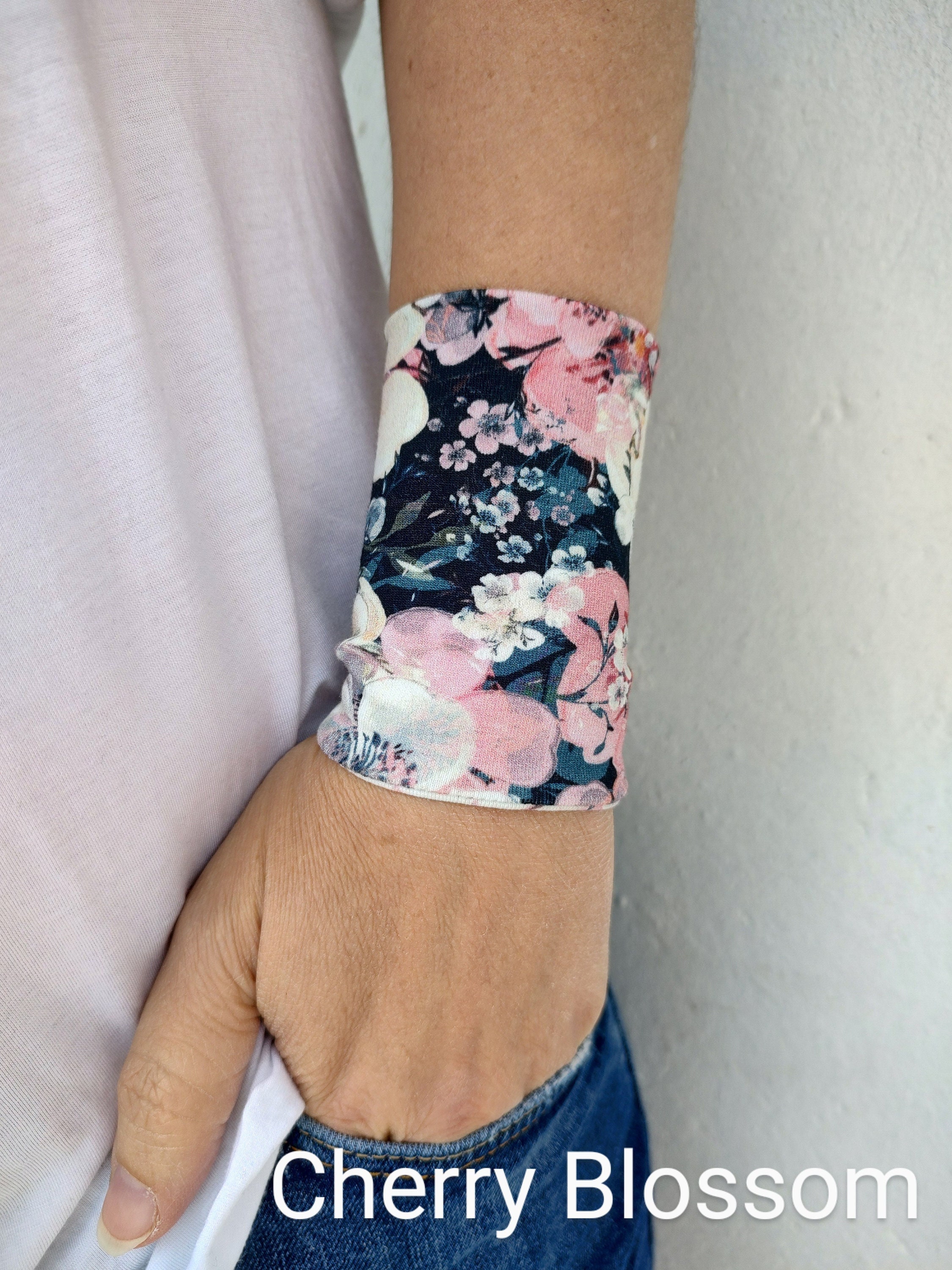 Flowers Cherry Blossom Floral Long Wrist Cuff Bracelet, Jersey Wrist ...