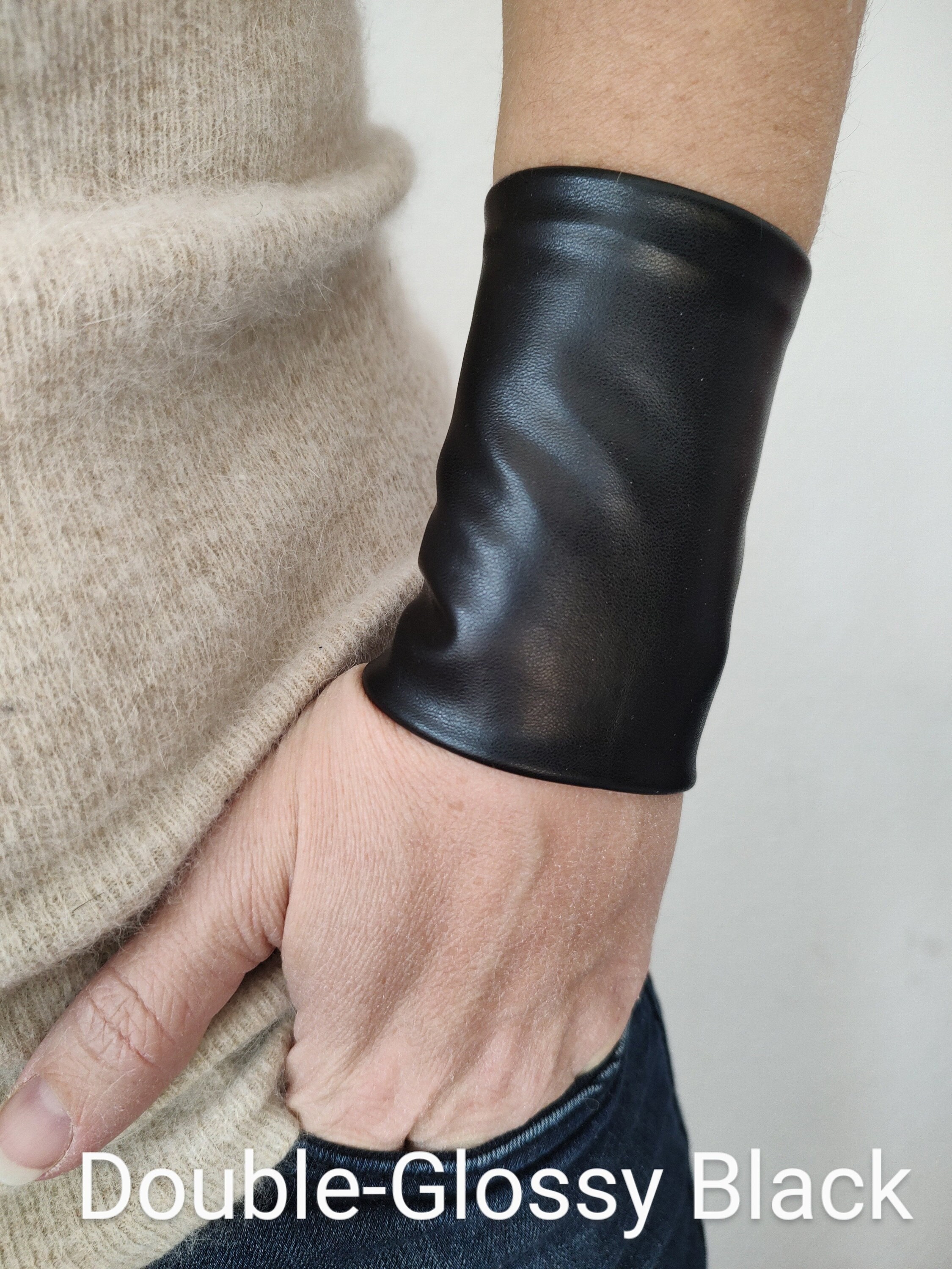 Glossy Black Faux Leather Wrist Cuffs, Wide Wrist Cuff Bracelet, Gothic Tattoo Cover Up, Black Bracers, Adult Punk-Rock Wristband Teens Wris