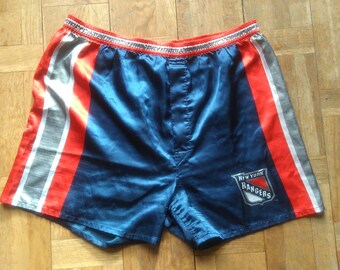 90s New York Rangers, Size Small, Shorts, Blue Satin Trunks, Hockey, Athletic Wears, NHL Shorts, Underwear, NHL Leage, Satin Boxers