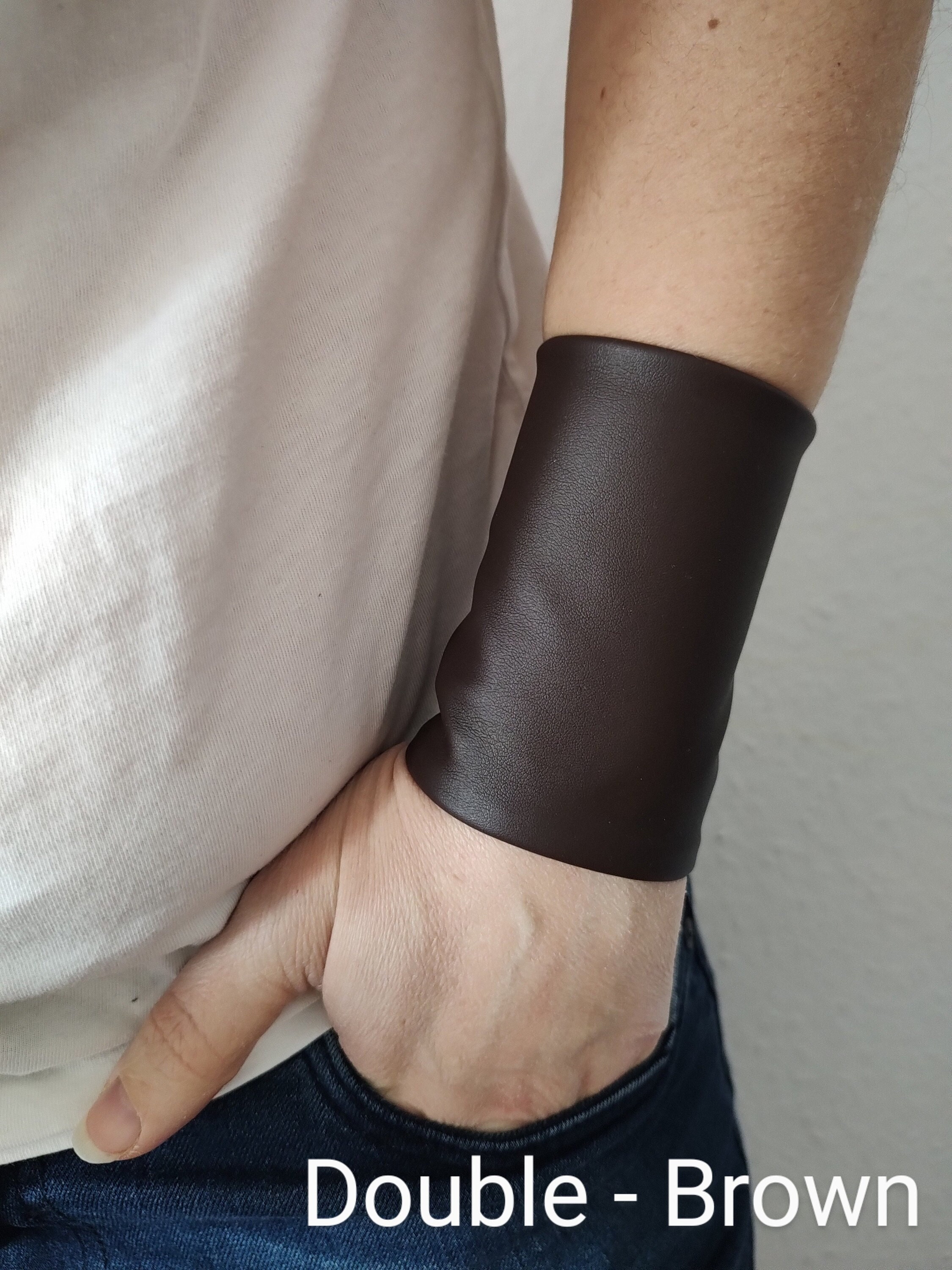 Matte Brown Faux Leather Wrist Cuffs, Wide Wrist Cuff Bracelet, Gothic Tattoo Cover Up, Black Bracers, Adult Punk-Rock Wristband Teens Wrist
