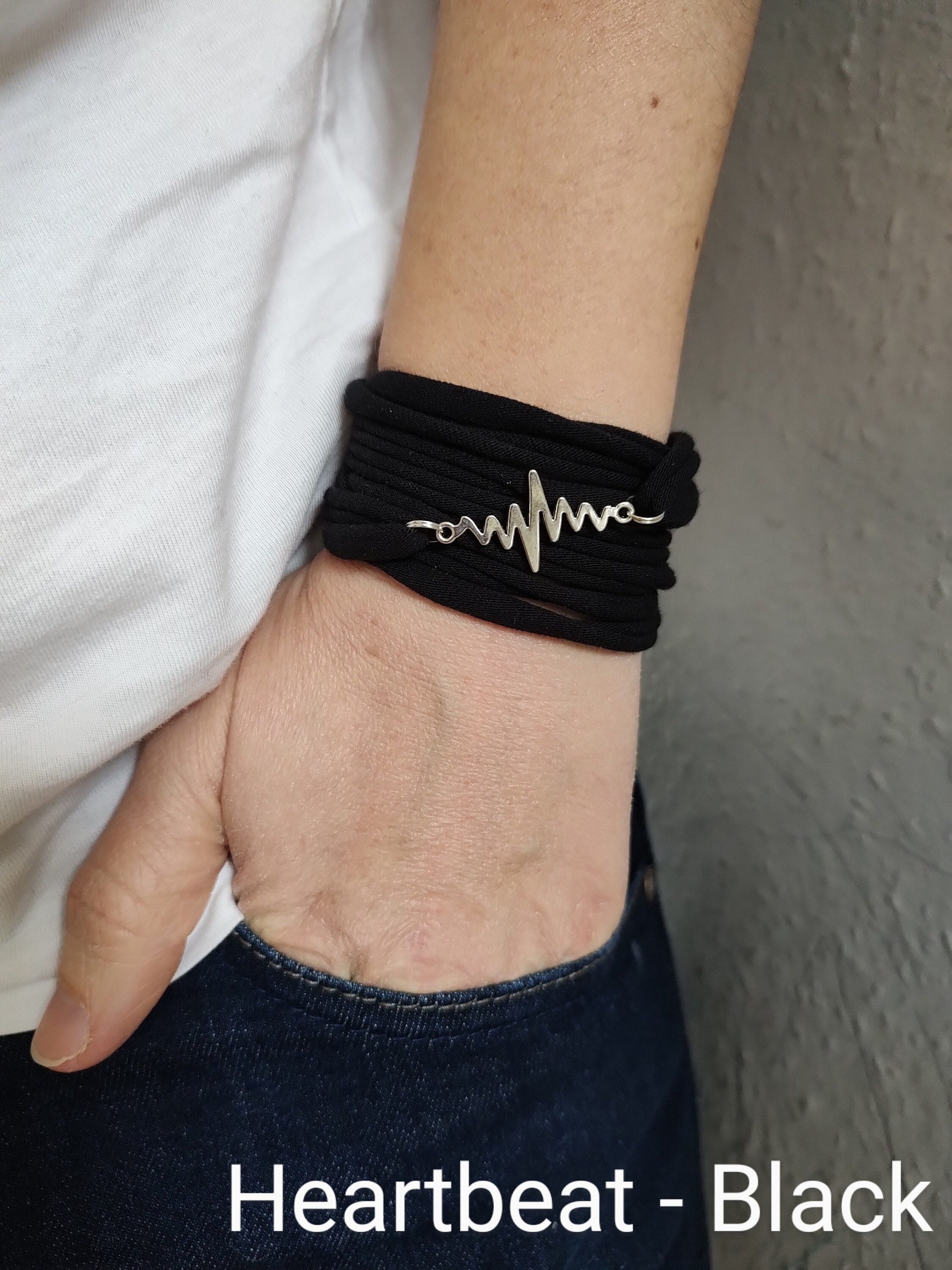 Heart Beat Wrist Cuff Bracelet Black Wrap Cuff Bracelet Cotton