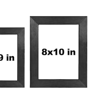 May include: Four black picture frames of different sizes, with the measurements 6x8 in, 7x9 in, 8x10 in, and 9x11.5 in printed on the front of each frame.