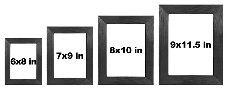 May include: Four black picture frames of different sizes, with the measurements 6x8 in, 7x9 in, 8x10 in, and 9x11.5 in printed on the front of each frame.