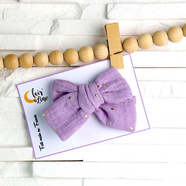 Barrette maxi nœud noué double gaze violet pois dorés