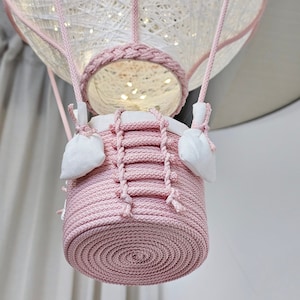 White and pink lamp hot air balloon, natural materials handmade interior decor, soft room accent, night sleep lamp
