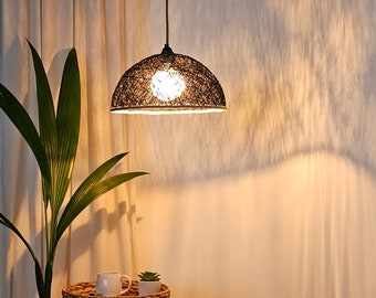 Black lampshade with long jute cord, Ceiling romantic light, Linen minimalizm lamp