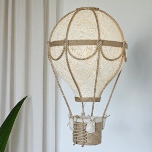 Hot air balloon nursery light, Baby nursery lamp natural linen and jute color, Room travel theme, Baby room hand made ceiling night light