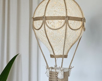 Hot air balloon nursery light, Baby nursery lamp natural linen and jute color, Room travel theme, Baby room hand made ceiling night light