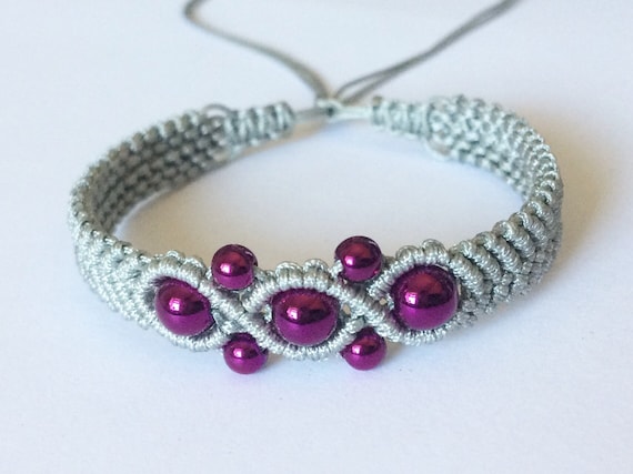 Beaded Macrame Bracelet Grey/silver Purple Beads | Etsy