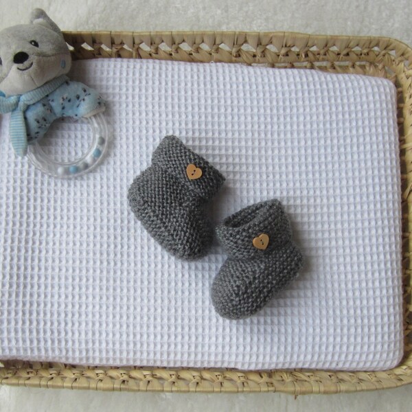 Chaussons 0/1 mois gris anthracite - Fait Main au tricot