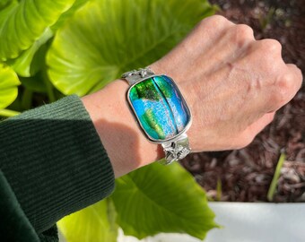 Sterling silver, fused glass, sea shells bracelet