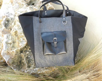 Sac cabas tissu gris et noir avec étoiles