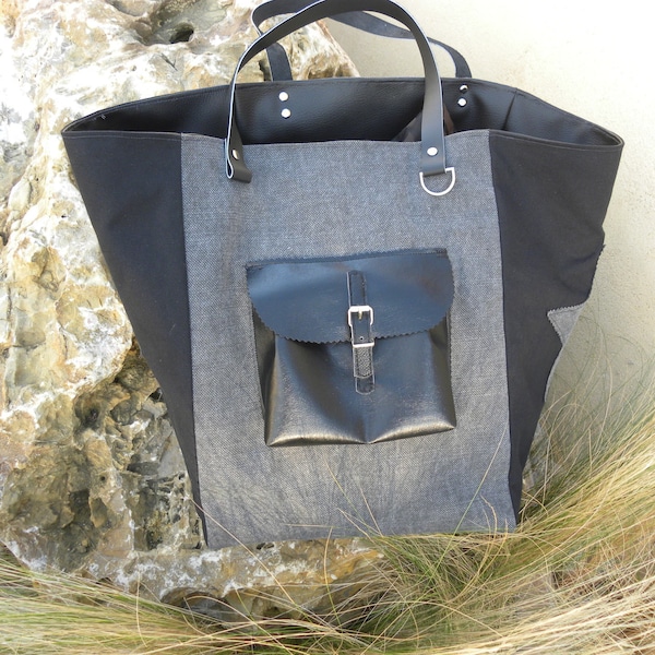 Sac cabas tissu gris et noir avec étoiles