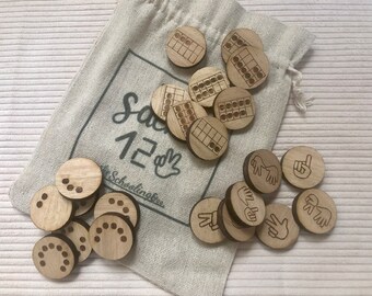 WOODEN TOKENS for Flower numbers, complete box to handle, rigid flower-shaped tray, pawns, dummy pieces, Montessori bars, mhm