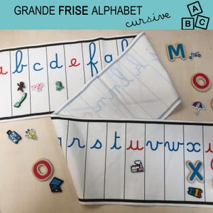 Gran friso de tela, alfabeto CURSIVO, escritura adjunta, vocal roja consonante azul, Montessori, alfombra de 1 metro + objeto fonográfico, aprende a leer