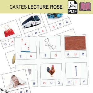 36 cartes Montessori, cartes Lecture, premier lecture Rose, codage, encodage, apprendre à lire, Montessori, maternelle CP, fichier numérique