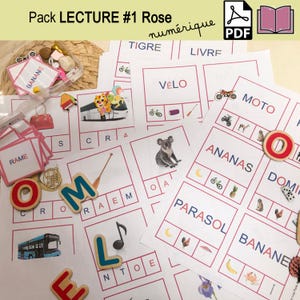 Lecture #1 Rose Montessori, pack numérique, +20 pages, +70 carte à pinces, Première lecture, Encodage, décodage, apprendre à lire, manipuler