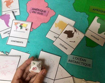 Grande Carte Monde Montessori, + 13 étiquettes , + Cartes nomenclatures, Continents et Océans, planisphère tissu, apprentissage école IEF
