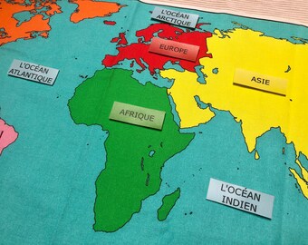 Grande mappa del mondo Montessori, + 13 etichette, + Mappe della nomenclatura, continenti e oceani, planisfero in tessuto, apprendimento scolastico IEF