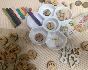 Flower numbers WITH WOODEN TOKENS, complete box to handle, rigid flower-shaped tray, pawns, dummy pieces, Montessori bars, mhm