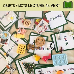 LECTURE #3 Vert, Montessori, 40 objets miniatures + cartes, digrammes sons complexes, matériel éducatif, école maternelle, troisième lecture