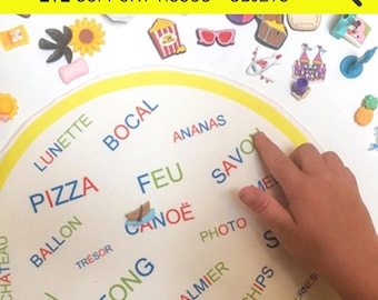 Seek and Find SUMMER, Montessori reading, fabric mat + objects to manipulate, Lynx eye, words to read, Educational or school nomadic activity
