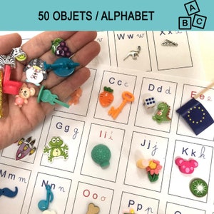 Coffret Phonologie Montessori, Set#1, 50 objets miniatures Alphabet, Lecture maternelle CP, matériel pédagogique, cadeau maitresse fin année