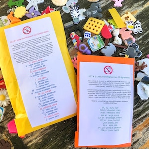 Phono Set #1 and #2, French Alphabet, complex sounds, digraphs, reading, Montessori, miniature objects, educational materials