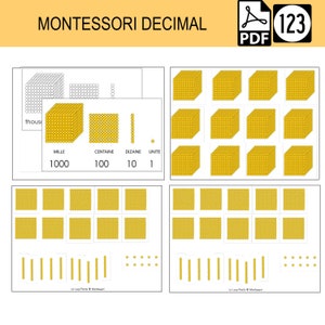 Peut inclure: Un tableau du système décimal Montessori avec des cubes jaunes représentant les unités, les dizaines, les centaines et les milliers. Le tableau comprend également une représentation visuelle du système décimal à l'aide de lignes et de points.