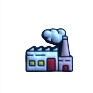 Peut inclure: Illustration de dessin animé d'une usine avec une cheminée émettant un nuage de fumée. Le bâtiment a une façade blanche, une porte rouge et des fenêtres jaunes. La cheminée est rose.