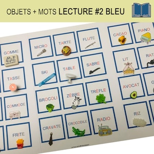 LECTURE Montessori #2 Bleu, 36 objets miniatures, cartes, dictée muette, matériel pédagogique éducatif, Deuxième Lecture, mémory à manipuler
