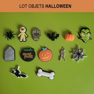 May include: A collection of Halloween-themed charms, including a spider, mummy, skull, bat, pumpkin, vampire, tombstone, cauldron, jack-o'-lantern, zombie, spiderweb, witch, and bone. The text "LOT OBJETS HALLOWEEN" is at the top.