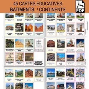 45 Bâtiments du Monde, 2x7 Merveilles du Monde, Cartes Nomenclature Montessori, Photo, Code Couleurs Montessori, 7 Continents