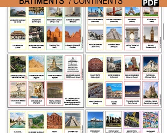 45 Gebäude der Welt, 2x7 Weltwunder, Montessori-Nomenklaturkarten, Foto, Montessori-Farbcode, 7 Kontinente