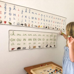 Peut inclure: Deux affiches pédagogiques rectangulaires présentant l'alphabet en cursive et en script, ainsi que des combinaisons phonétiques comme ch, ou, in, an, en, on, oi, ai, ph et gn. Les affiches incluent de petites illustrations pour chaque lettre.