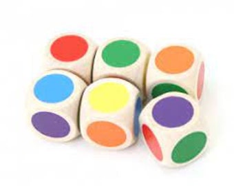 Wooden dice 6 points colors 16 mm red, green, yellow, blue, purple and orange