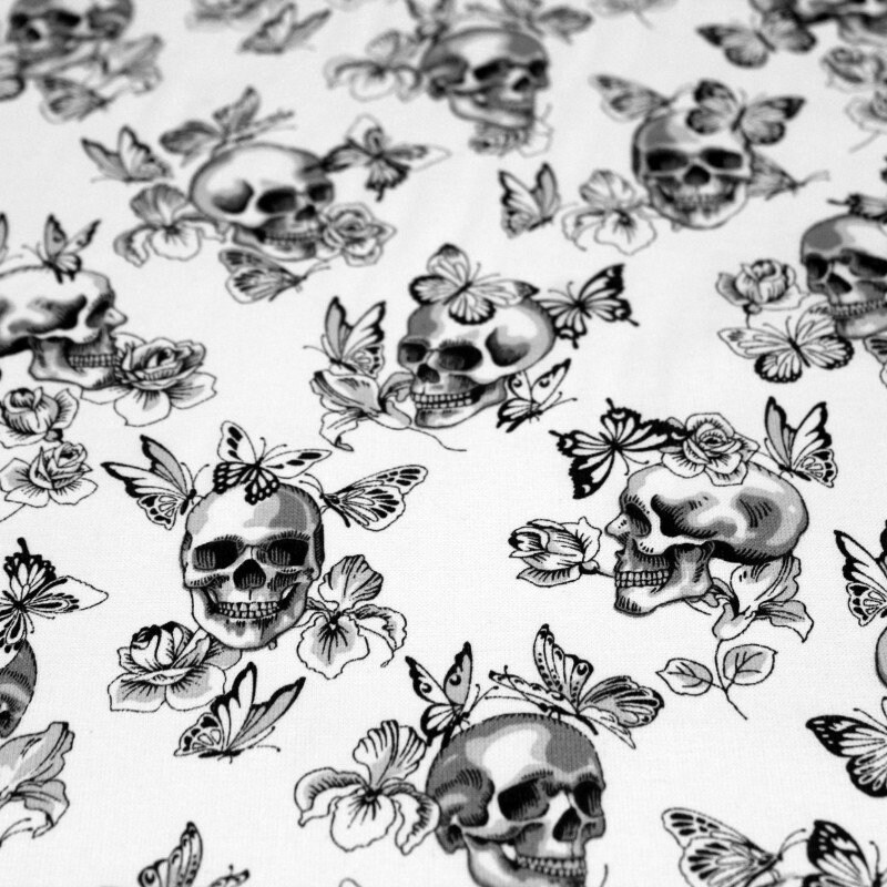 Furoshiki M 50x50 cm, Emballage Cadeau, Tissu de Coton Aux Crânes, Fleurs et Papillons Noirs, Fond B