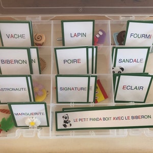 LECTURE #3 Verte avec boite rangement, Montessori, 34 objets miniatures + cartes, sons complexes, matériel éducatif, maternelle, lire