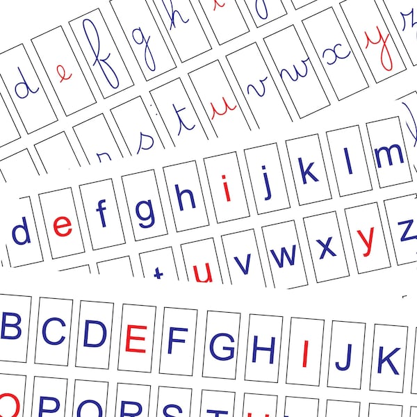 Fichier NUMÉRIQUE Lettres alphabet, 3 écritures, Majuscule, Script, Cursive, Voyelle rouge, Consonne Bleu, Lettres mobiles, Montessori