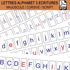 Lettres alphabet, 3 écritures, Majuscule, Script, Cursive, correspondance graphisme, Voyelle rouge, Consonne Bleu, Lettre mobile Montessori