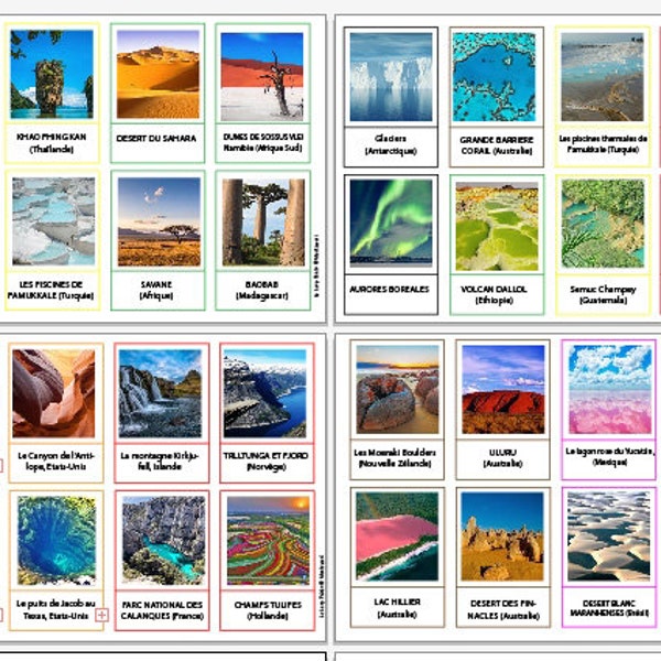 32 Paysages du Monde, Cartes Nomenclatures, Montessori, Photos plus beaux paysages monde, 7 continents, Géographie, Apprendre, École, Enfant