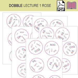 Dobble LECTURE rose, lire premiers mots, discrimination visuelle, Majuscules, Couleur Montessori, le loup pointu Montessori, jeu famille