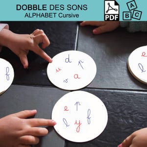 Dobble Alphabet, CURSIVE, Couleur Montessori, découvrir les sons, discrimination visuelle, le loup pointu Montessori, jeu famille